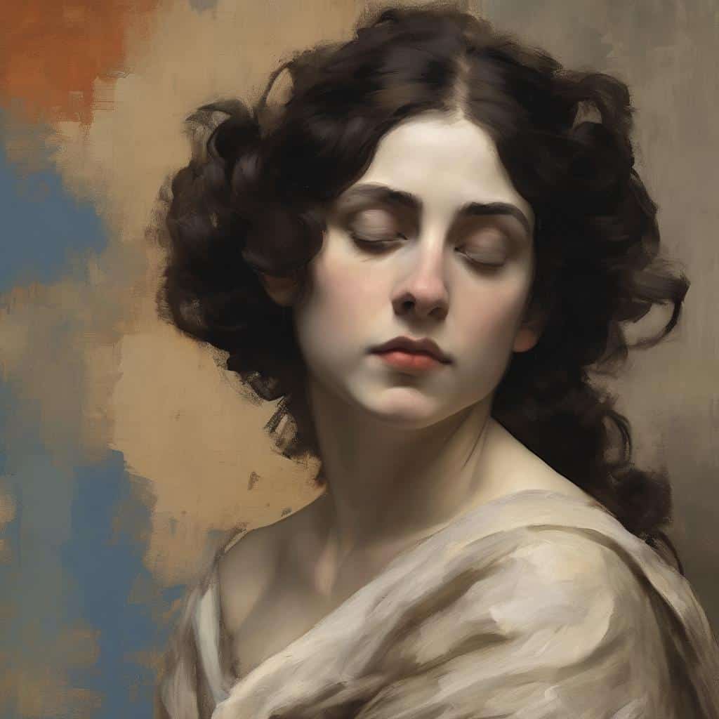 Ονειρική πορτρέτο γυναίκας με σιωπηλή έκφραση και καλλιτεχνική πινελιά.