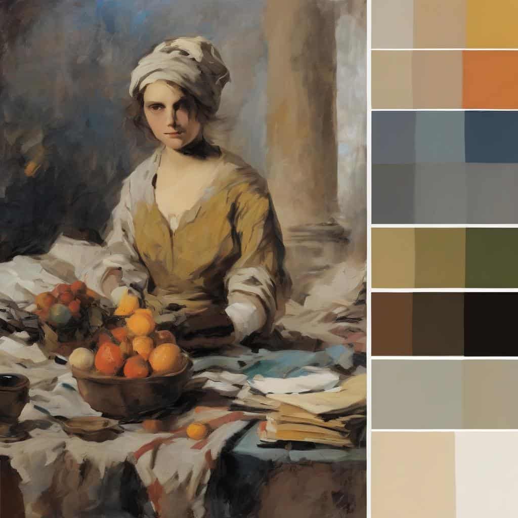 Παρηγορητικό πορτρέτο μιας γυναίκας με πλεκτό κεφαλόδεση και φρούτα, σε ρεαλιστικό στυλ ζωγραφικής, με χρώματα γήινα και ζεστά.