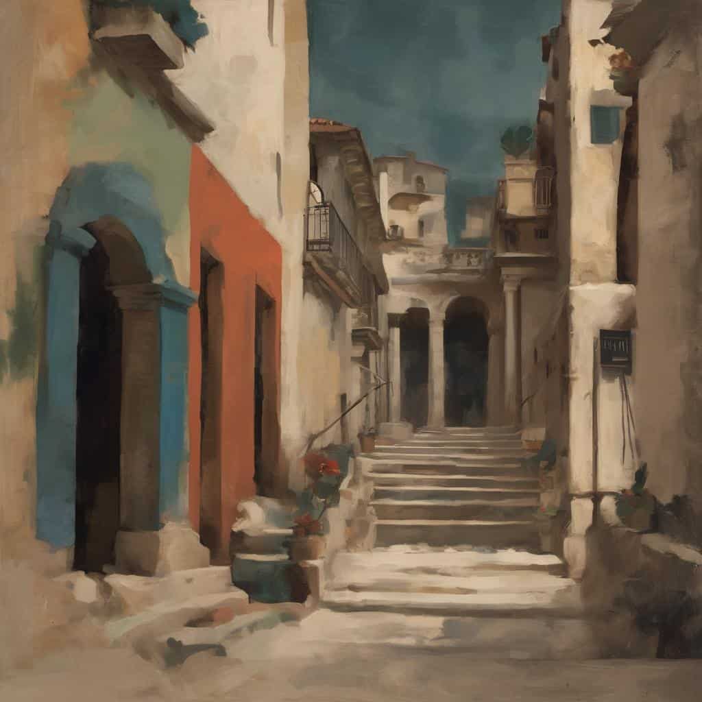 παλιό παραδοσιακό στενό σοκάκι με αρχιτεκτονική σε καμβά, Αρχιτεκτονική τέχνη, καλλιτεχνική ανάλυση, περιγραφή έργου τέχνης.