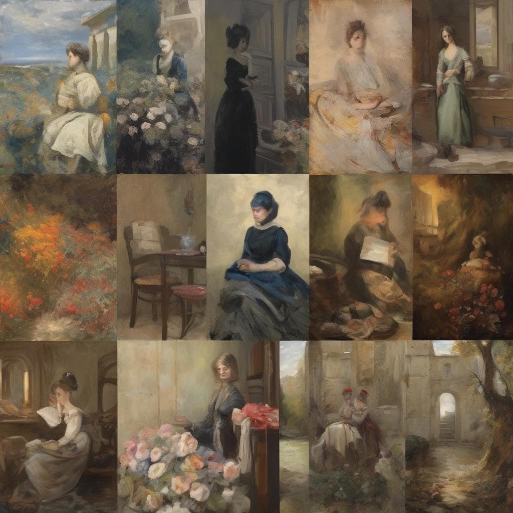 Οπτικό ερμηνεία καλλιτεχνικών δημιουργιών με γυναίκες σε διαφορετικά περιβάλλοντα και εποχές.