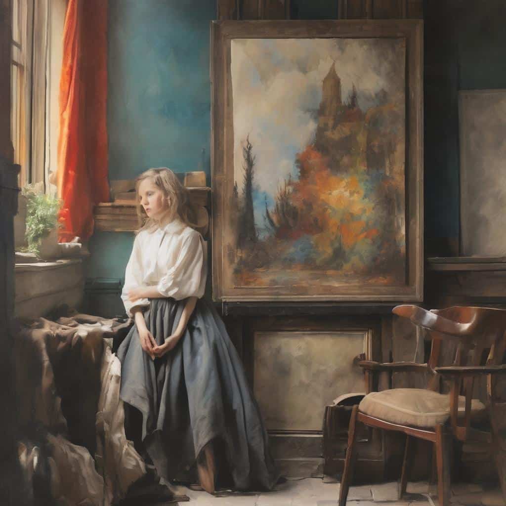 Ελέυθερη αναπαραγωγή πλάσματος σε ατελιέ τέχνης, νεαρή γυναίκα δίπλα σε πίνακα, φθορά και ρετρό ατμόσφαιρα.