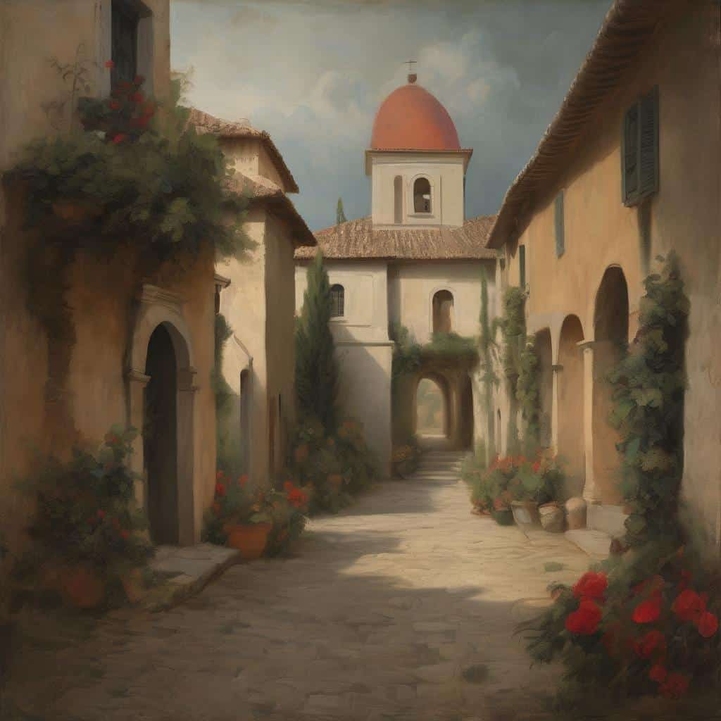 Όμορφο ελαιογραφία με παραδοσιακή ευρωπαϊκή αρχιτεκτονική, λουλούδια, ηρεμία, καλλιτεχνική ανάλυση.