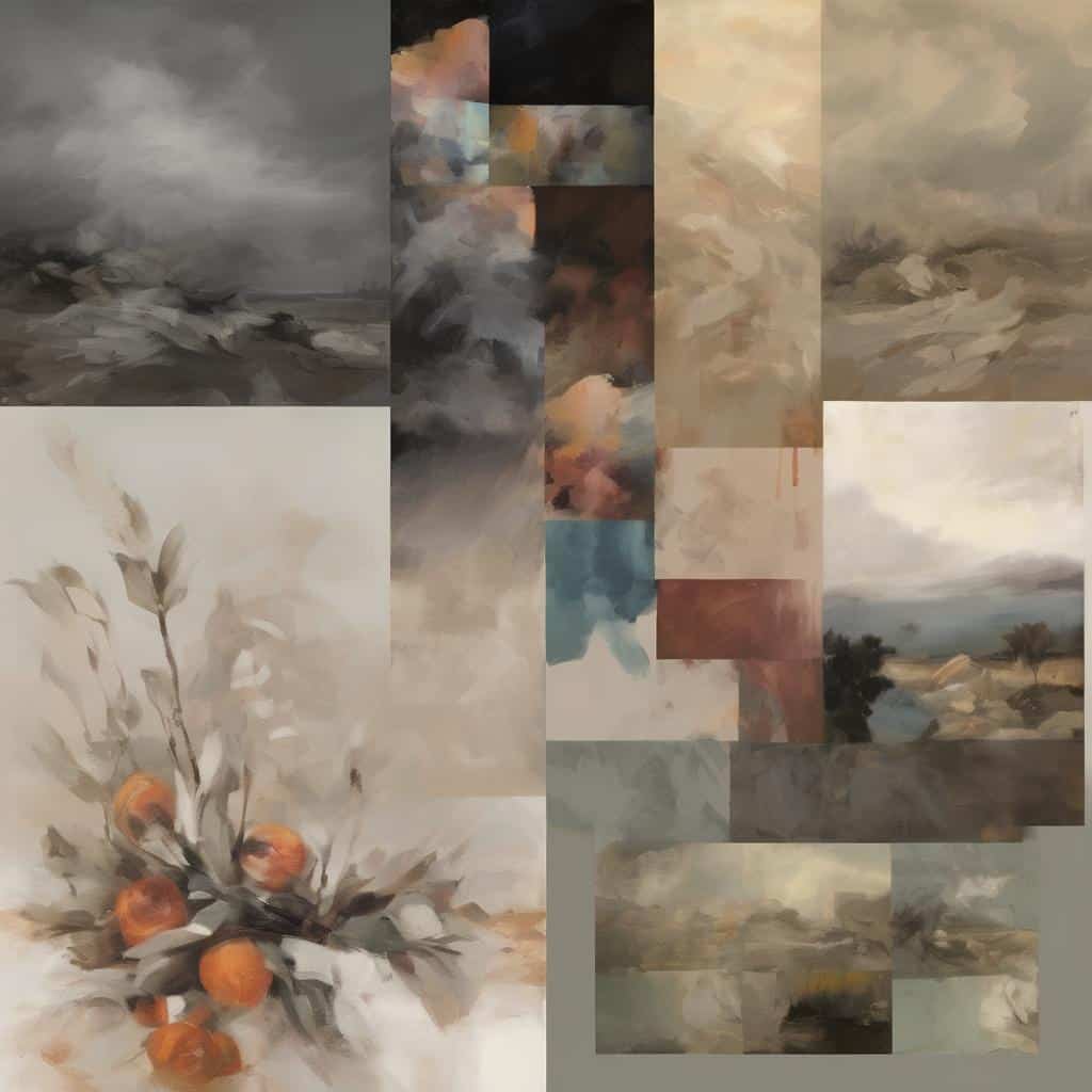 Σύνθετη ανάλυση και ερμηνεία καλλιτεχνικών δημιουργιών, ζωγραφικά έργα με μελανά και γήινα χρώματα.